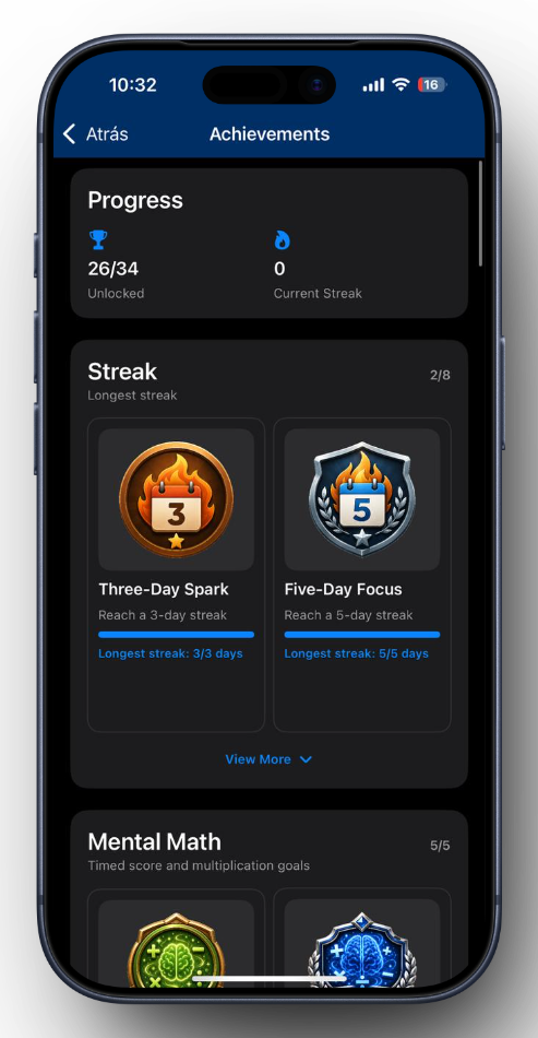 Achievements screen showing progress, streak medals, and Mental Math awards.