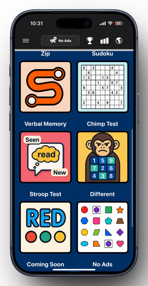 Quick Brain iPhone menu showing Zip, Sudoku, Verbal Memory, Chimp Test, Stroop Test, and Different.