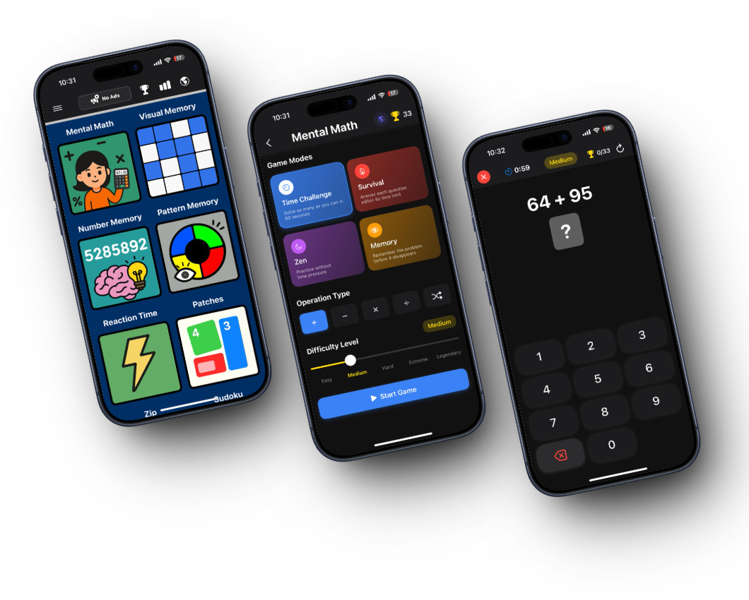Three Quick Brain iPhone screens showing game selection, Mental Math settings, and a Mental Math question.