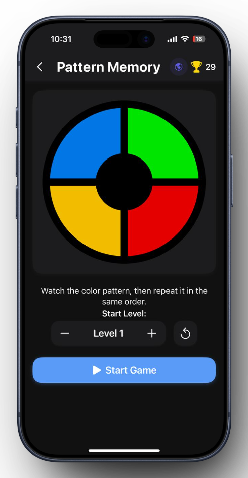 Pattern Memory screen with a four-color circular sequence game.